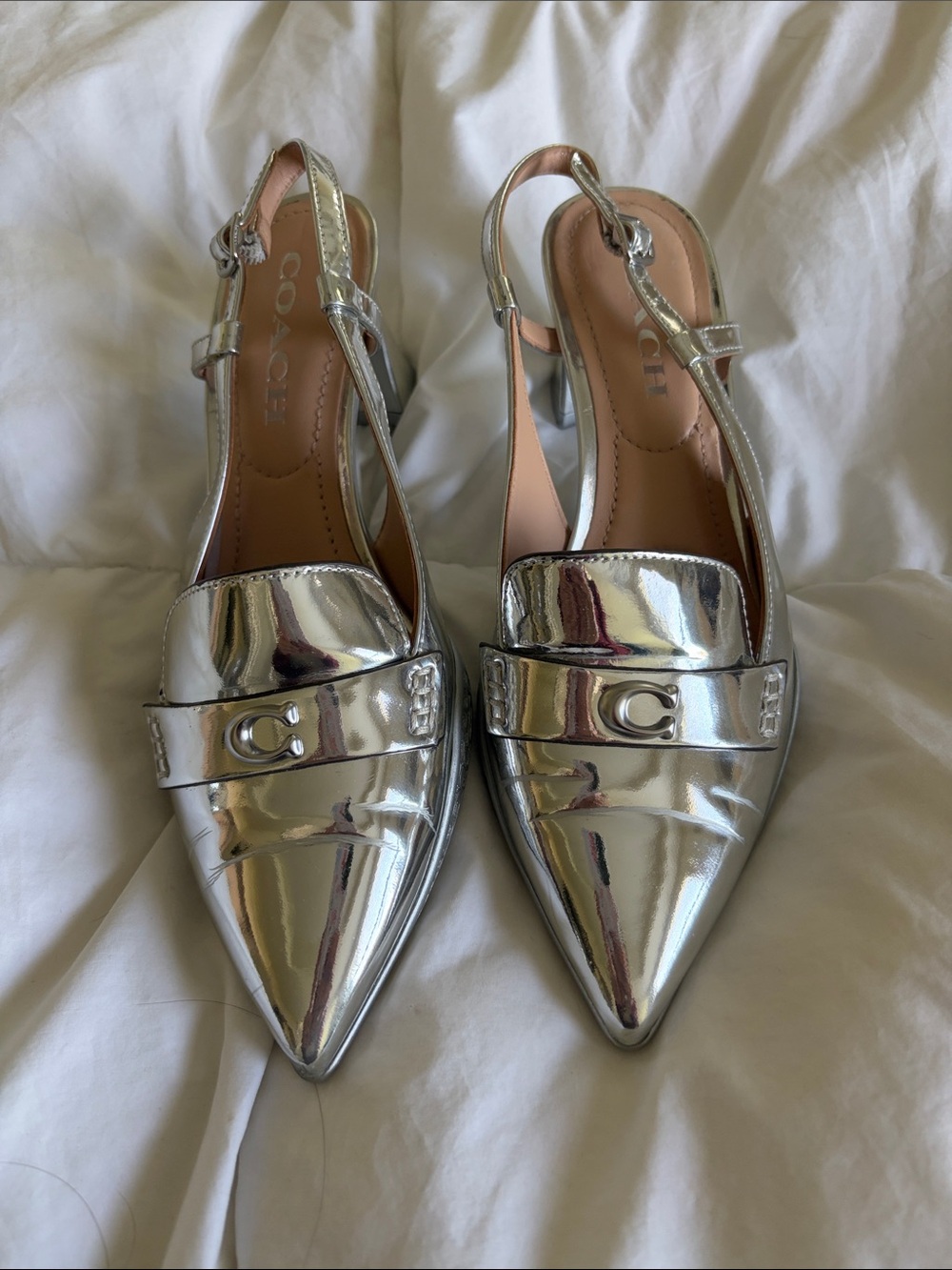 Coach Silver Pointed-Toe Slingback Pumps
